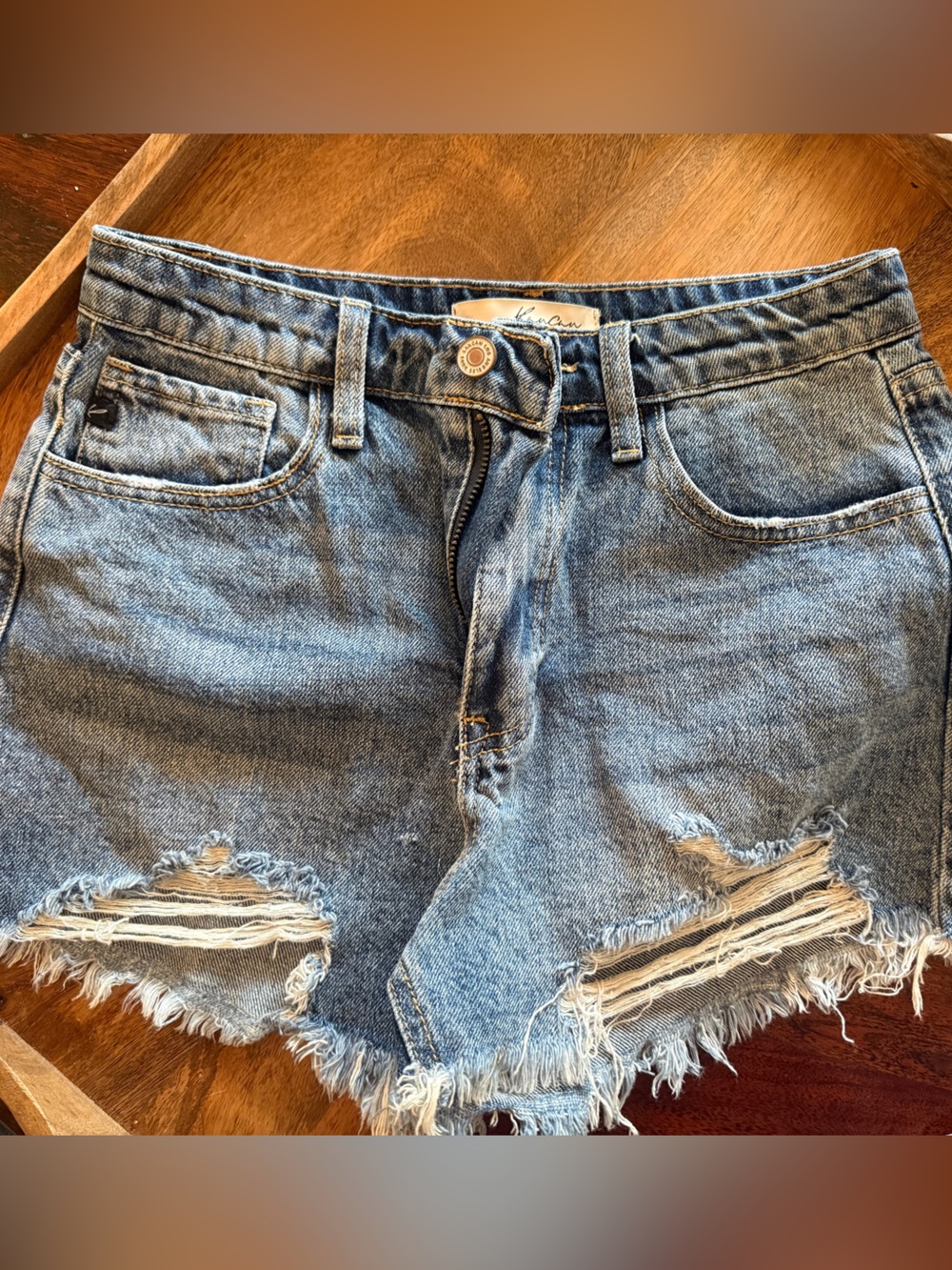 KanCan Medium Blue High-Rise Distressed Denim Shorts